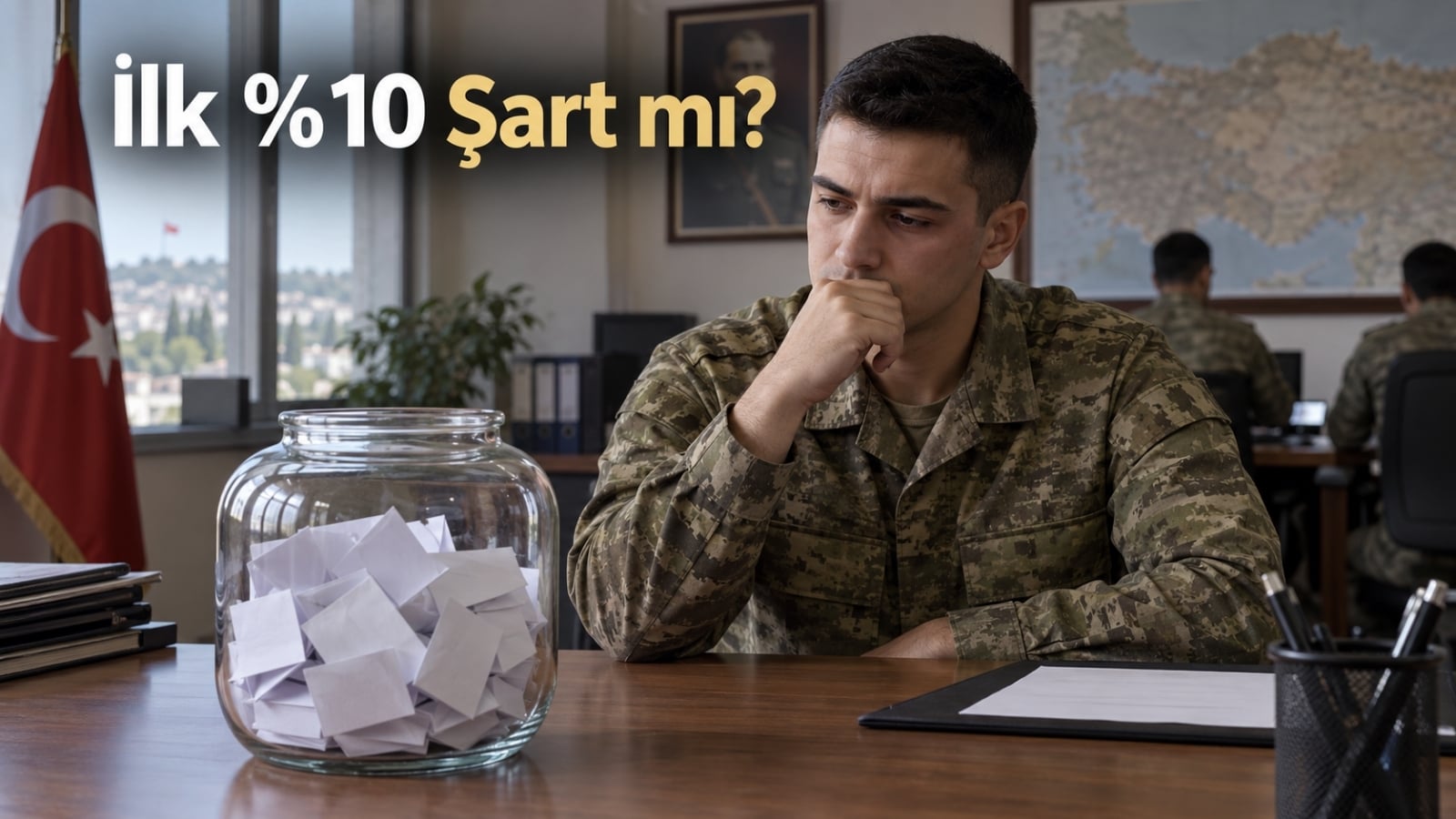 Yedek subay görev yeri kurasında başarı sıralaması ile belirsizlik arasındaki seçimi temsil eden askerlik temalı editoryal görsel