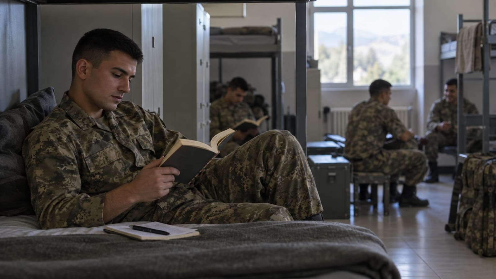 Çok kişilik asker koğuşunda boş zamanını kitap okuyarak ve not alarak değerlendiren Türk askerî personel