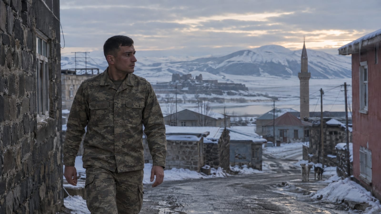 Karlı ve sakin bir Ardahan sokağında yürüyen Türk askerî personel