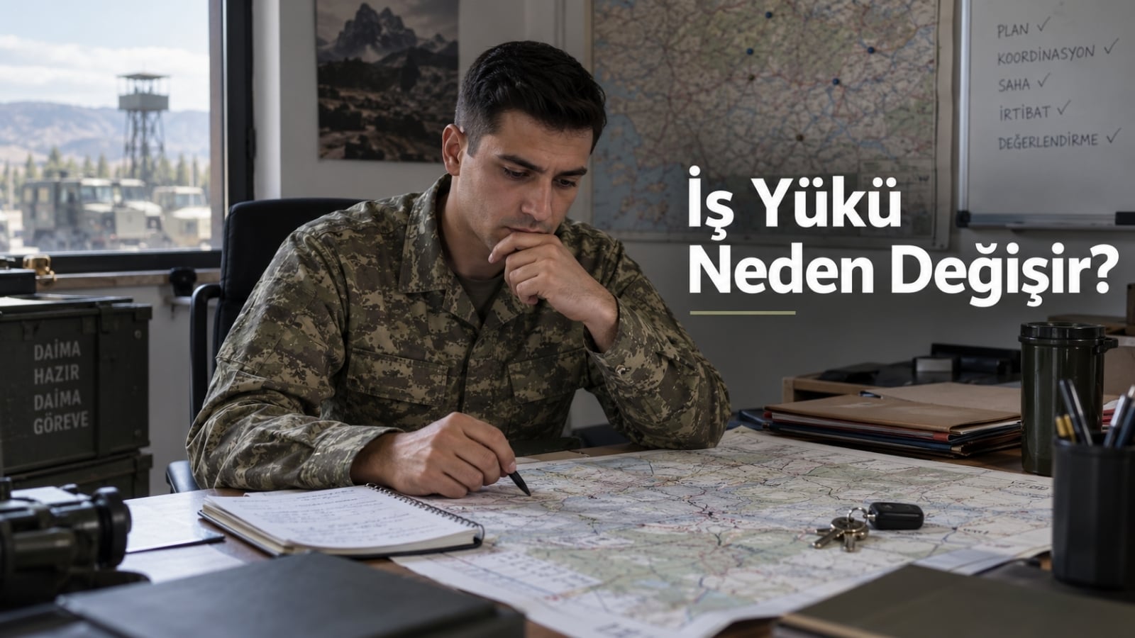 Geniş görev bölgesinde farklı noktalara ulaşım ve günlük iş planlamasını temsil eden askerlik temalı editoryal görsel