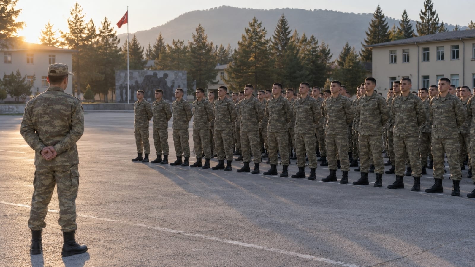 Sabah saatlerinde kışla avlusunda toplu içtima düzeninde sıralanan Türk askerî personel