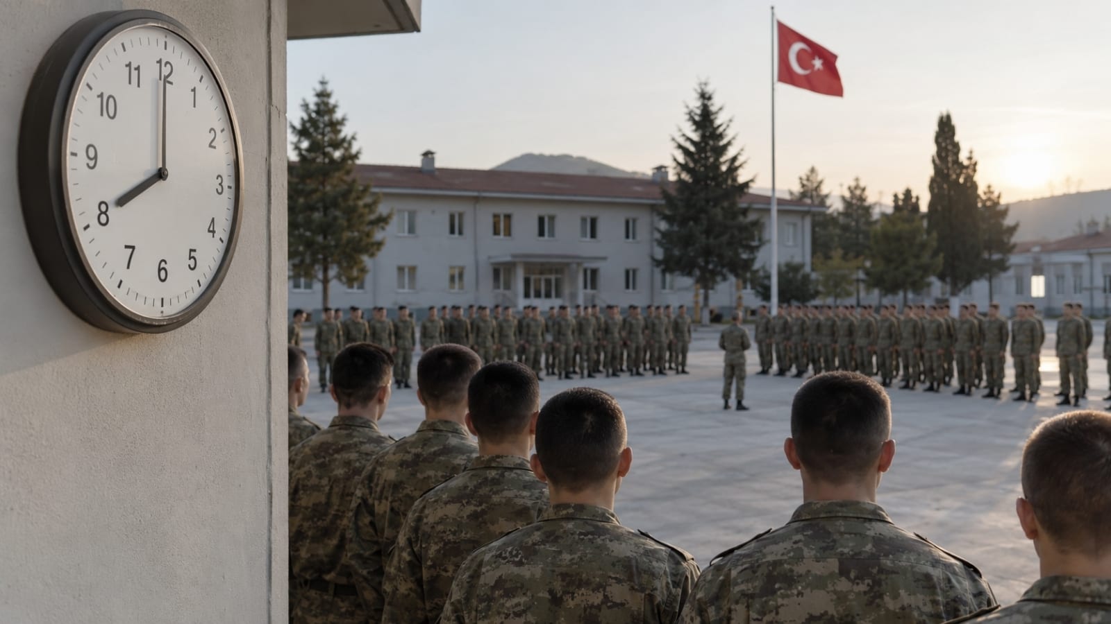 Duvar saatinin yanında kışla avlusunda yeniden içtima için toplanan Türk askerî personel