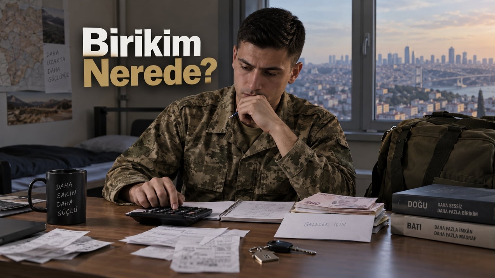Görev yeri ve yaşam giderlerinin askerlik süresindeki tasarrufa etkisini temsil eden bütçe, şehir ve askerlik temalı editoryal görsel