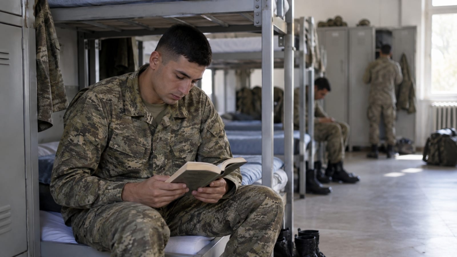 Koğuşta yatağının kenarında kitap okuyan askerî personel