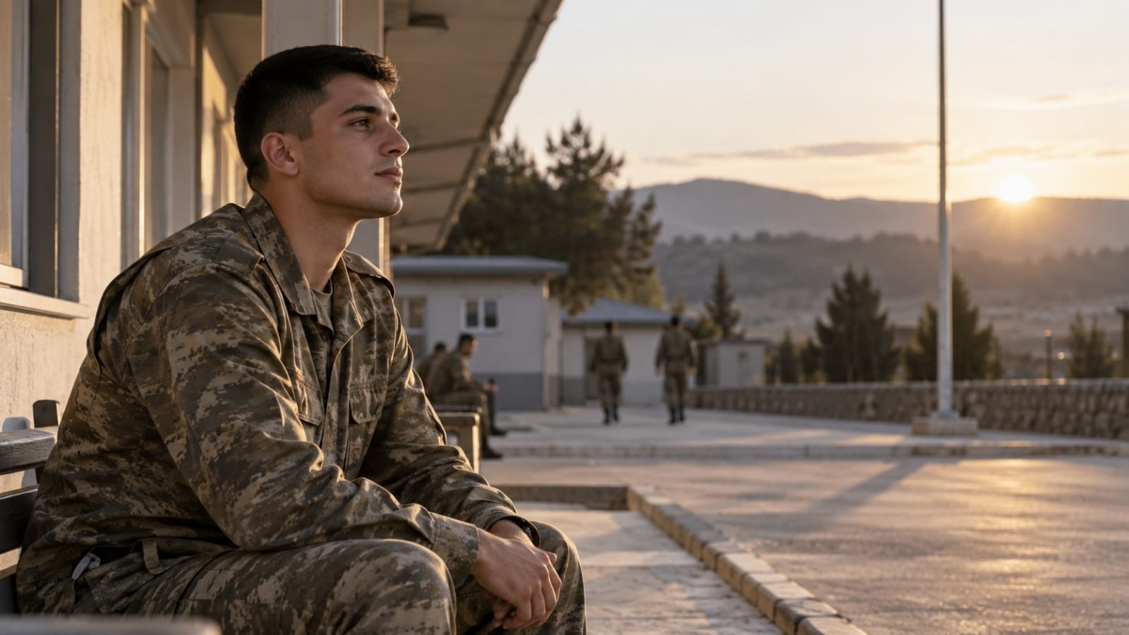 Gün batımında kışla yerleşkesinde sakin biçimde oturup çevresini değerlendiren Türk askerî personel
