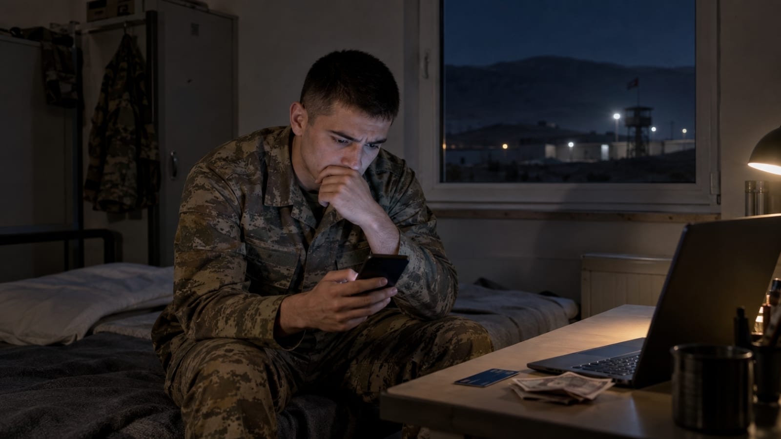 Gece koğuşta telefonuna bakarken yanında bilgisayar, banka kartı ve nakit para bulunan düşünceli Türk askerî personel