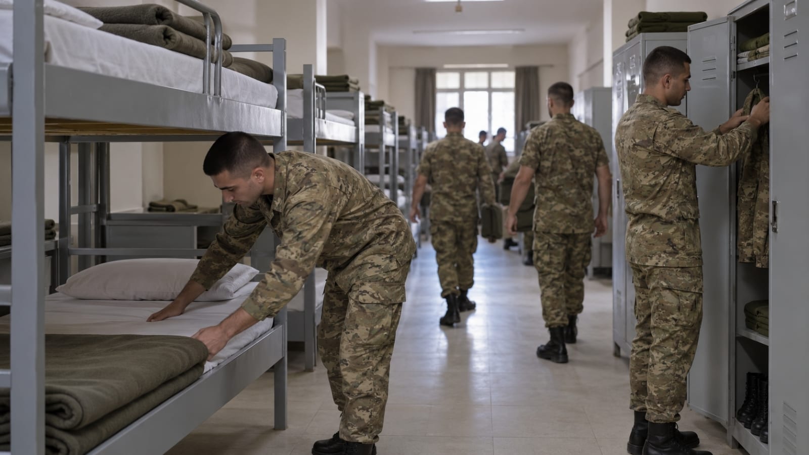 Çok kişilik asker koğuşunda ranzasını düzenleyen ve ortak dolapları kullanan Türk asker adayları