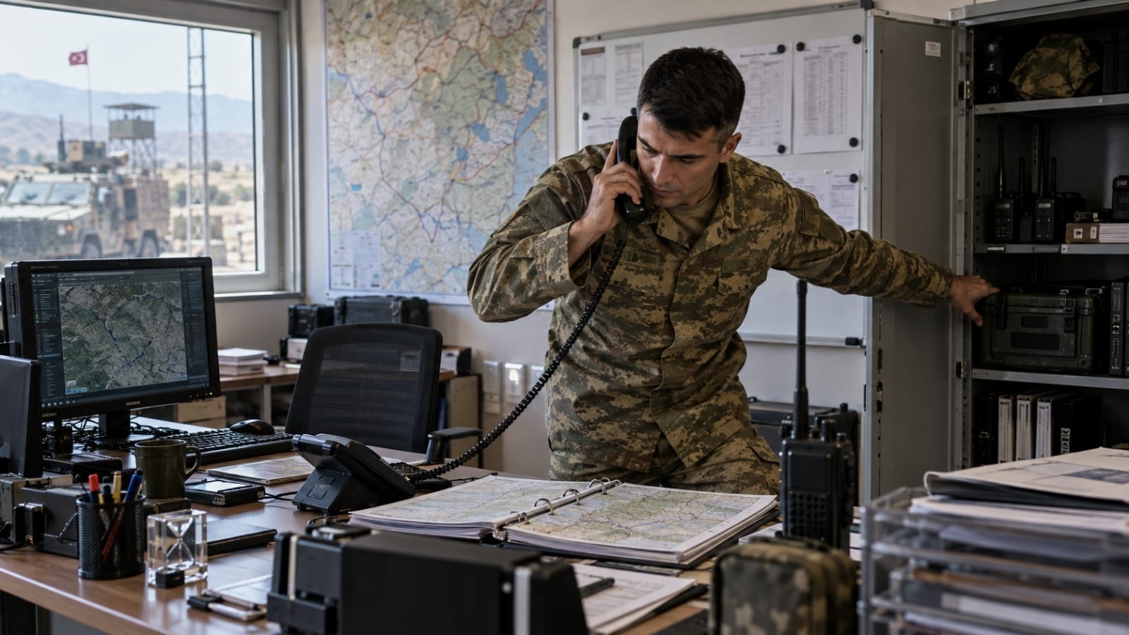 Harita, telefon, bilgisayar, telsiz ve evraklarla aynı anda farklı görevleri koordine eden Türk askerî personel