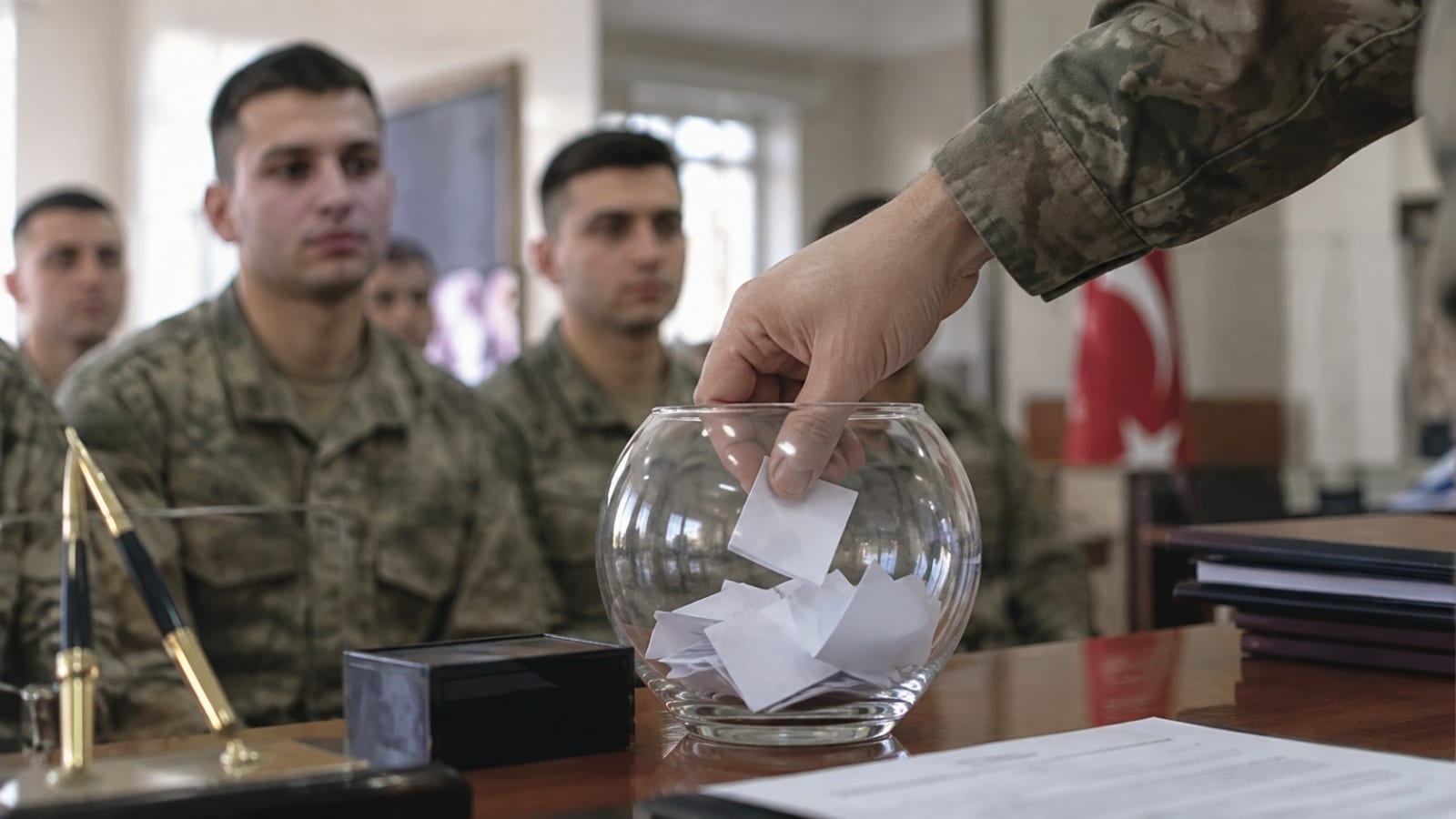Askerî idari ortamda cam kavanozdan görev yeri kurası için katlanmış kâğıt çeken el ve sonucu bekleyen personel