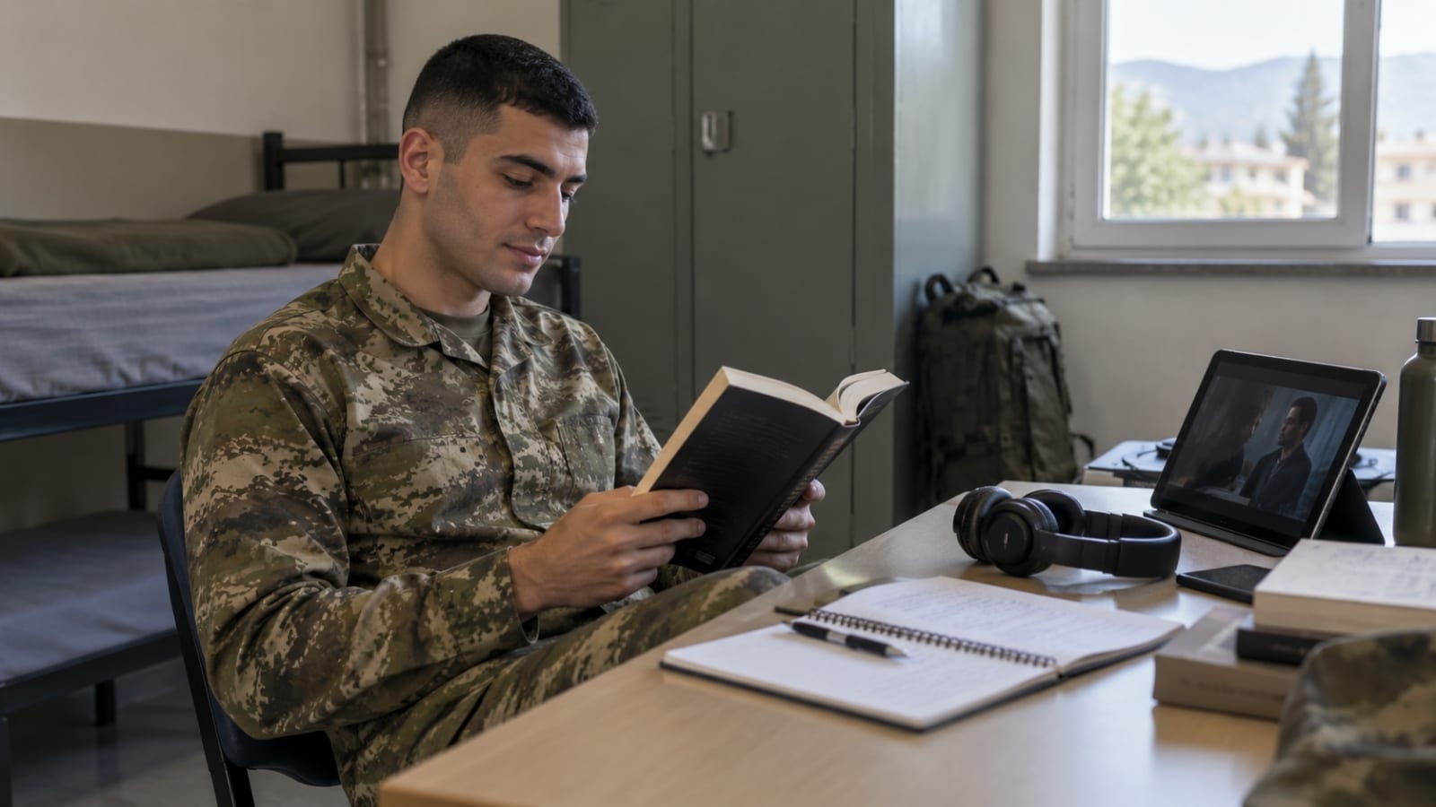 Kışla odasında kitap okurken yanında not defteri, kulaklık ve tablet bulunan Türk askerî personel