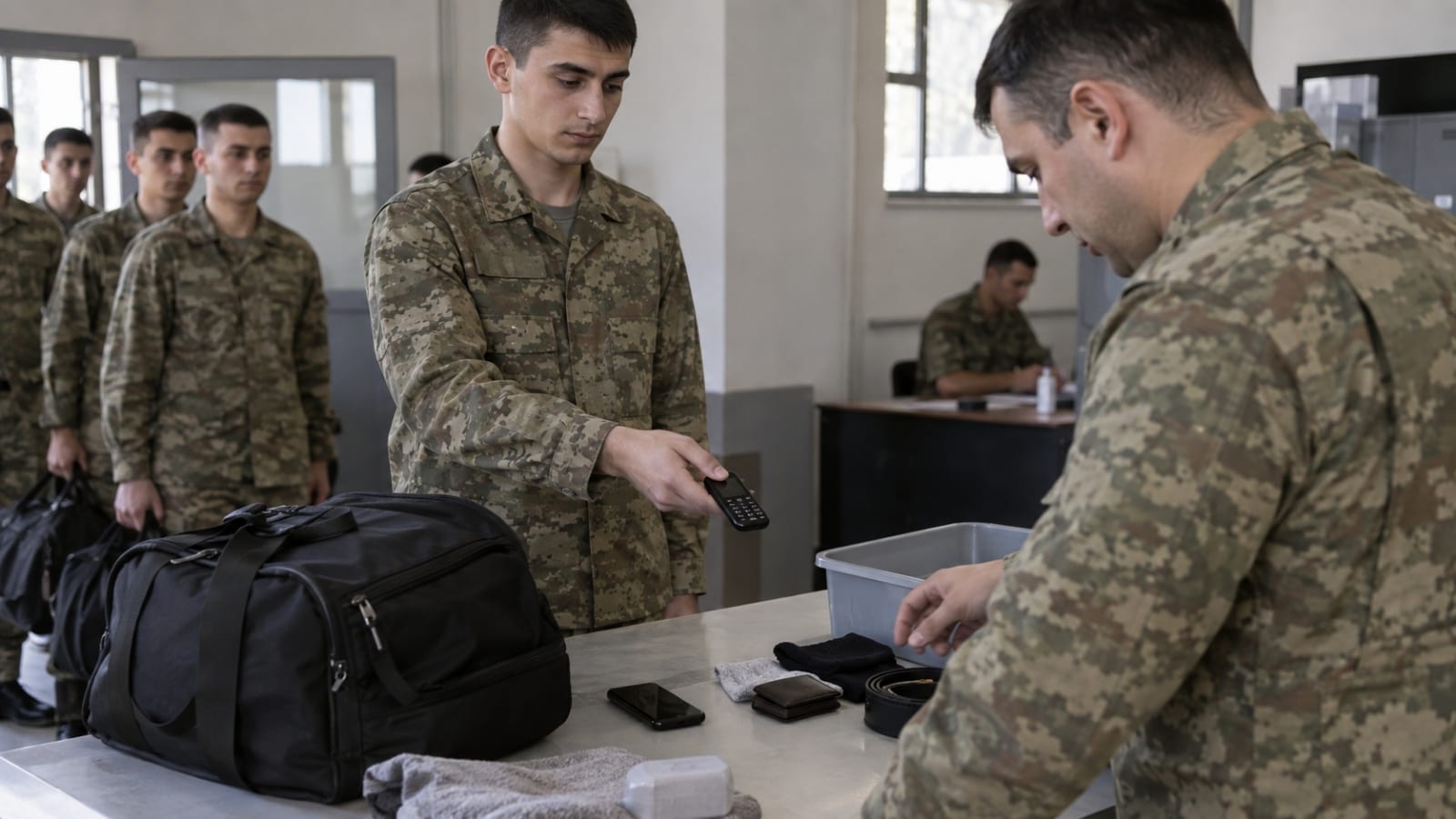 Askerî katılış kontrolünde tuşlu telefonunu görevliye gösteren ve eşyaları incelenen Türk asker adayı