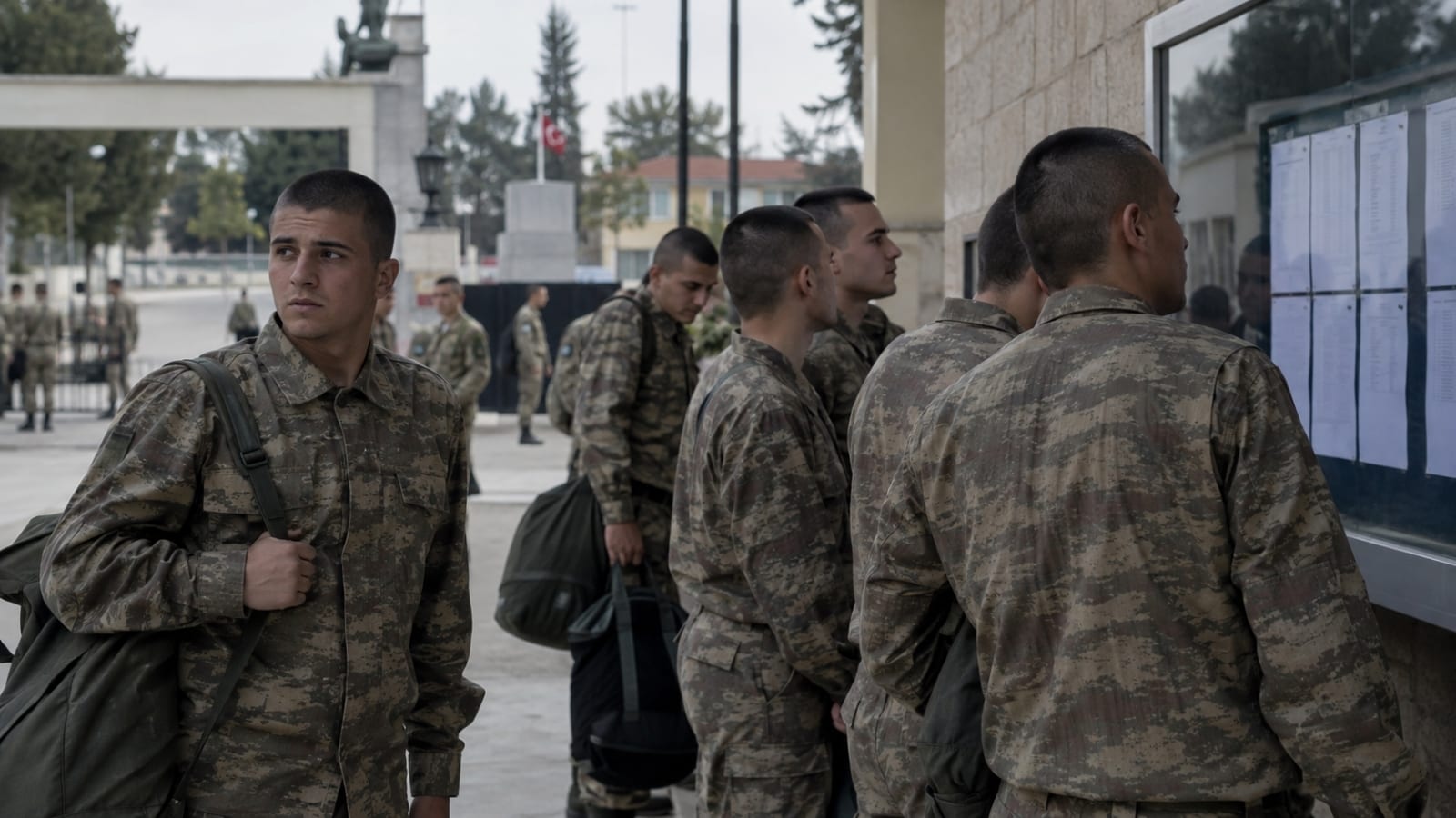Askerî birlik girişinde duyuru panosunu inceleyerek yeni düzene alışmaya çalışan Türk asker adayları
