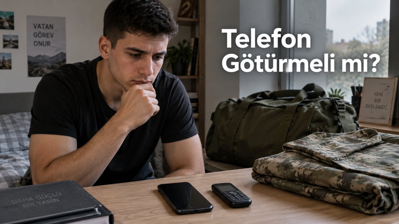 Askere akıllı telefon götürmemek ile birlik içindeki telefon kısıtlamaları ve dijital detoks deneyimi arasındaki tercihi temsil eden editoryal görsel