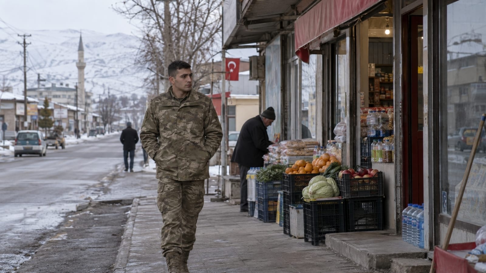 Karlı ve sakin bir ilçede birkaç küçük marketin bulunduğu sokakta yürüyen Türk askerî personel
