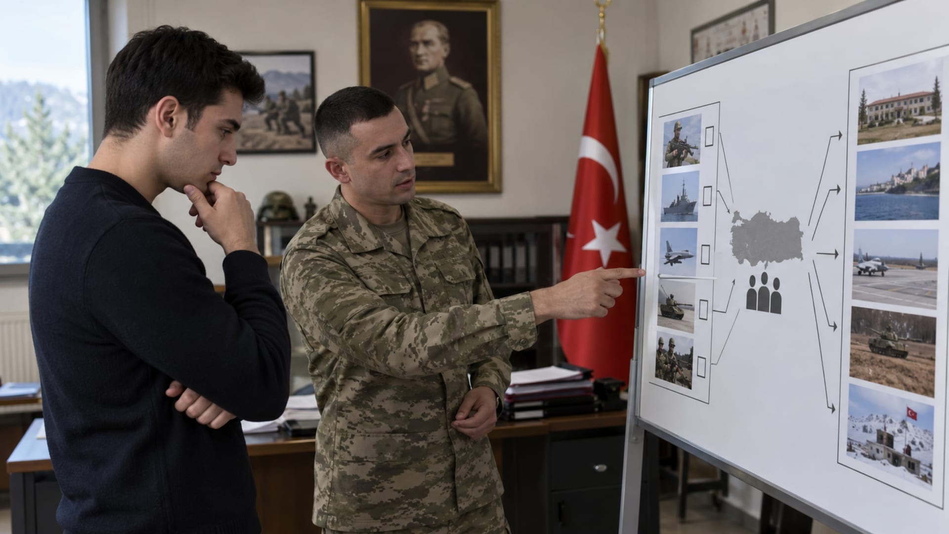 Türkiye haritası ve farklı görev seçenekleri üzerinden sınıflandırma sürecini değerlendiren asker adayı ile Türk askerî personel