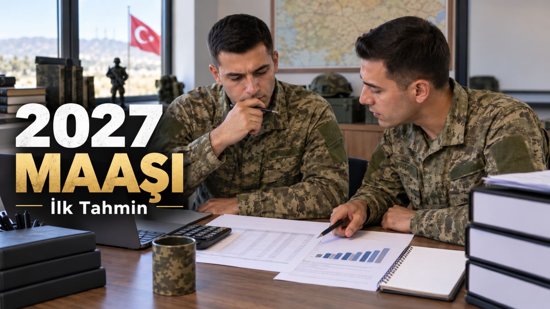 2027 yedek subay ve yedek astsubay maaş tahminlerini gösteren maaş hesaplama ve askerlik temalı görsel