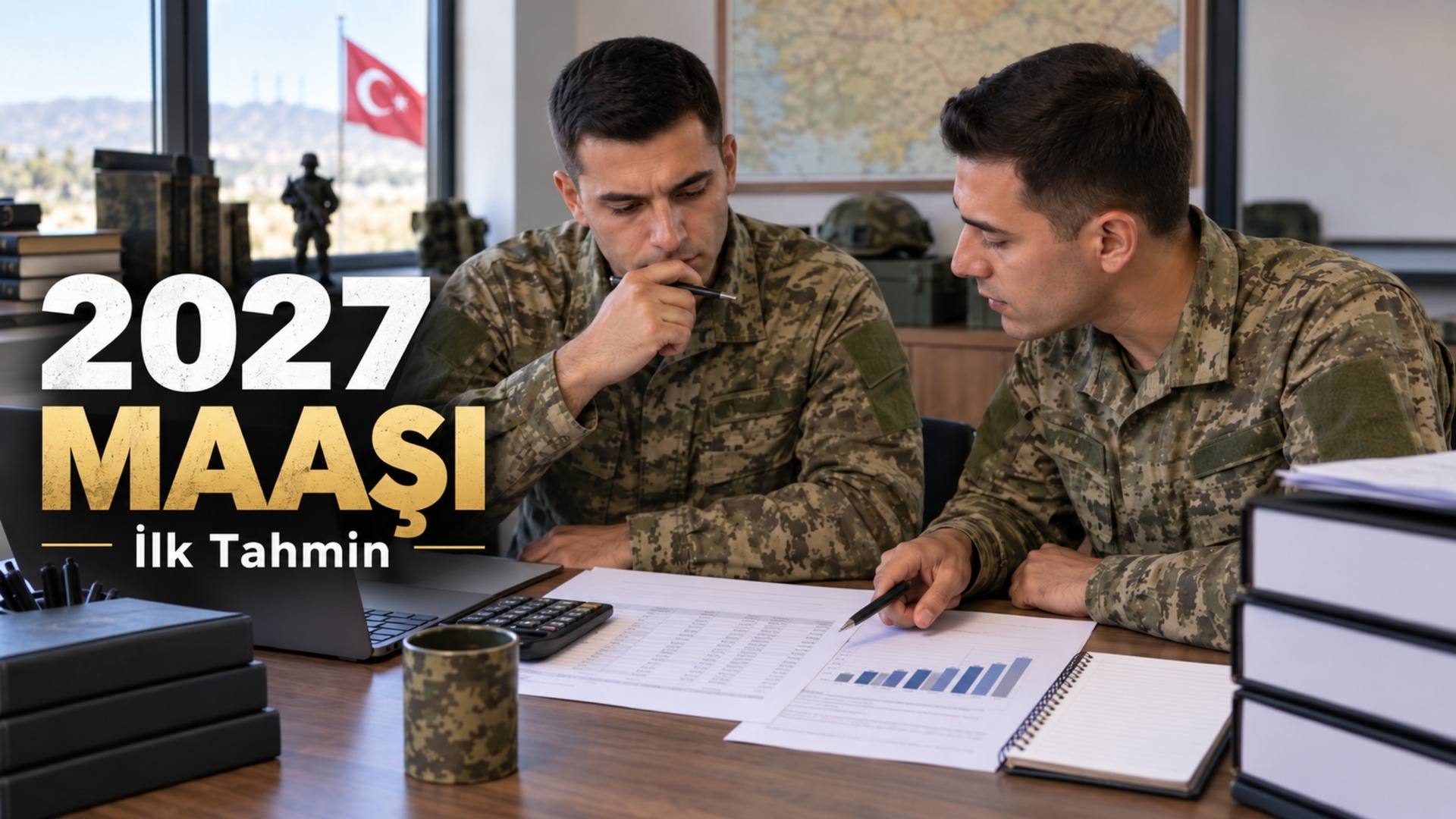 2027 yedek subay ve yedek astsubay maaş tahminlerini gösteren maaş hesaplama ve askerlik temalı görsel