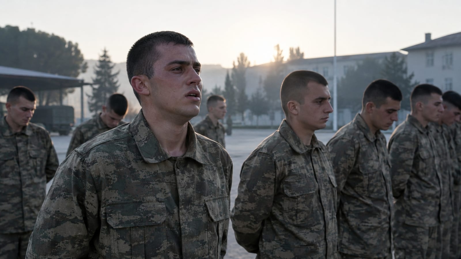 Sabah saatlerinde askerî eğitim alanında içtima düzeninde bekleyen yorgun Türk asker adayları