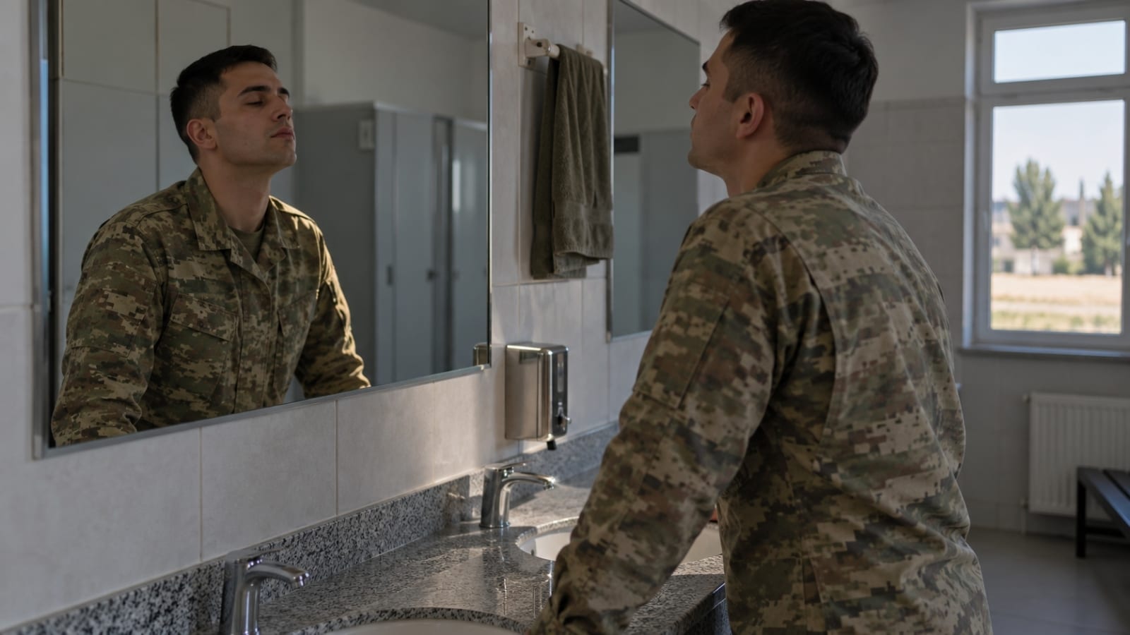 Kışlanın ortak lavabo alanında birkaç dakikalığına yalnız kalıp sakinleşen Türk askerî personel