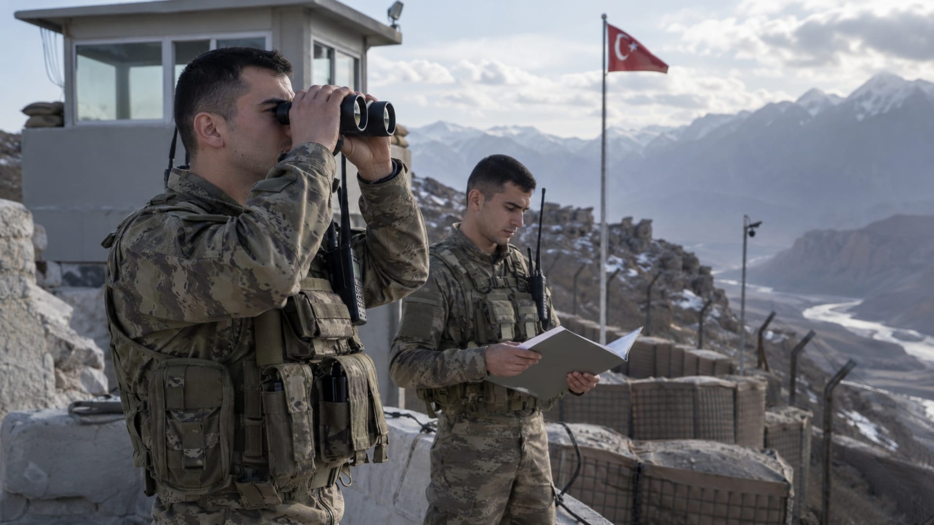Alt metin: Dağlık hudut bölgesindeki askerî noktada görev yapan ve saha belgelerini inceleyen iki Türk askerî personel