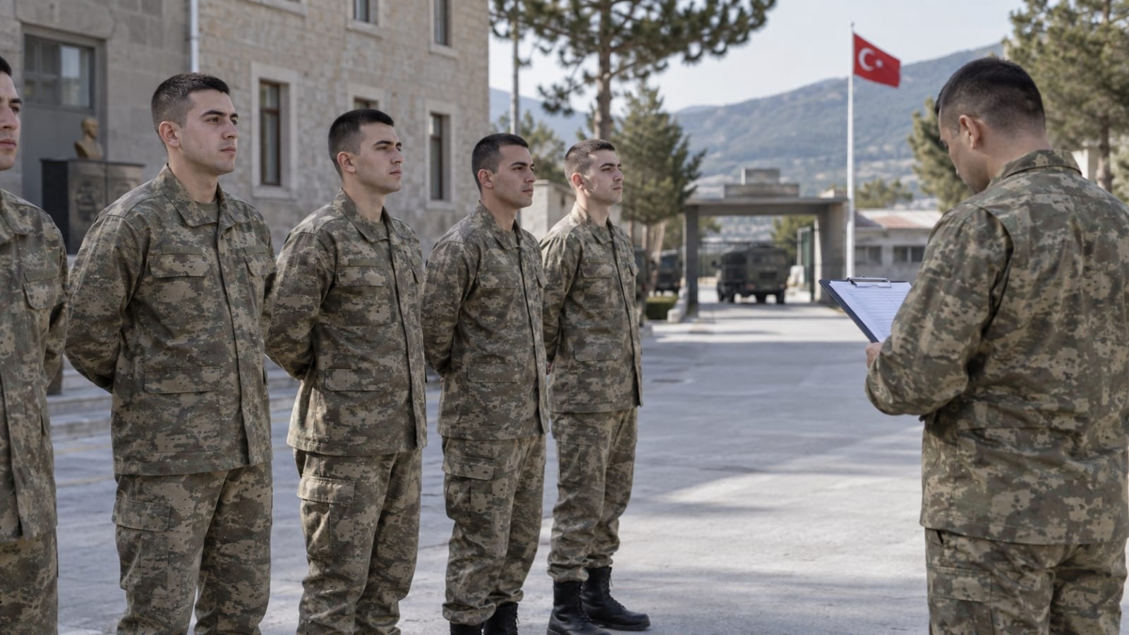 Kışla avlusunda sıraya giren personeli listedeki isimler üzerinden kontrol eden Türk askerî personel