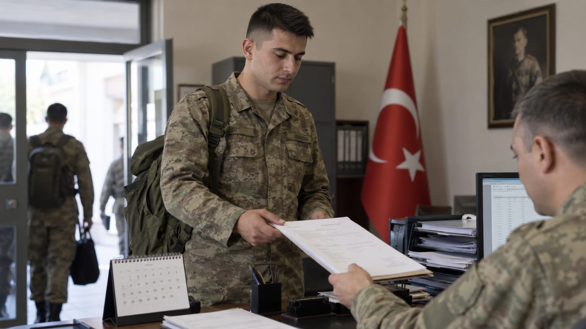Terhis işlemleri sırasında askerî ofiste evraklarını teslim alan Türk askerî personel
