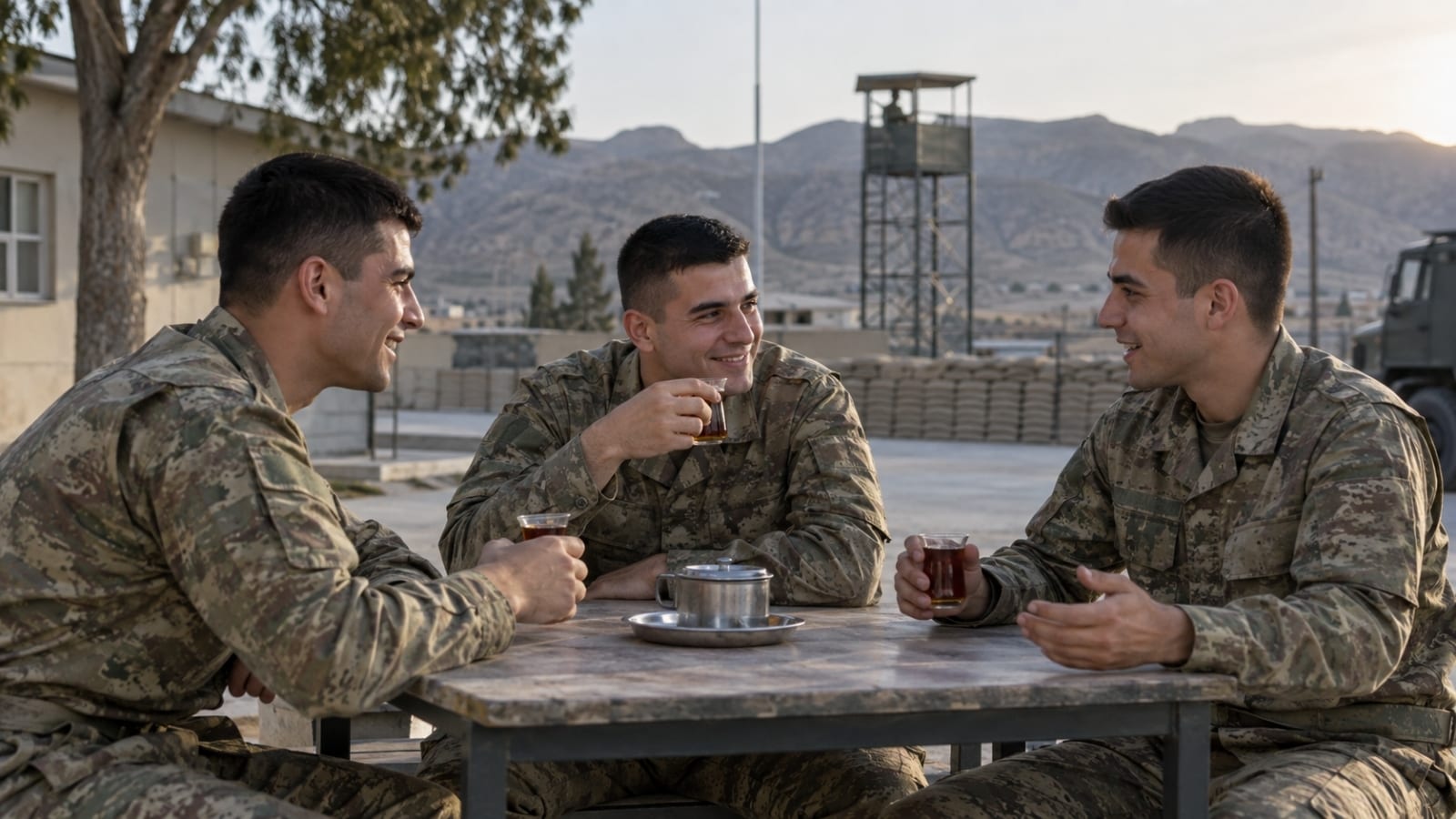 Kışla yerleşkesinde açık havada çay içerken sohbet eden üç Türk askerî personel