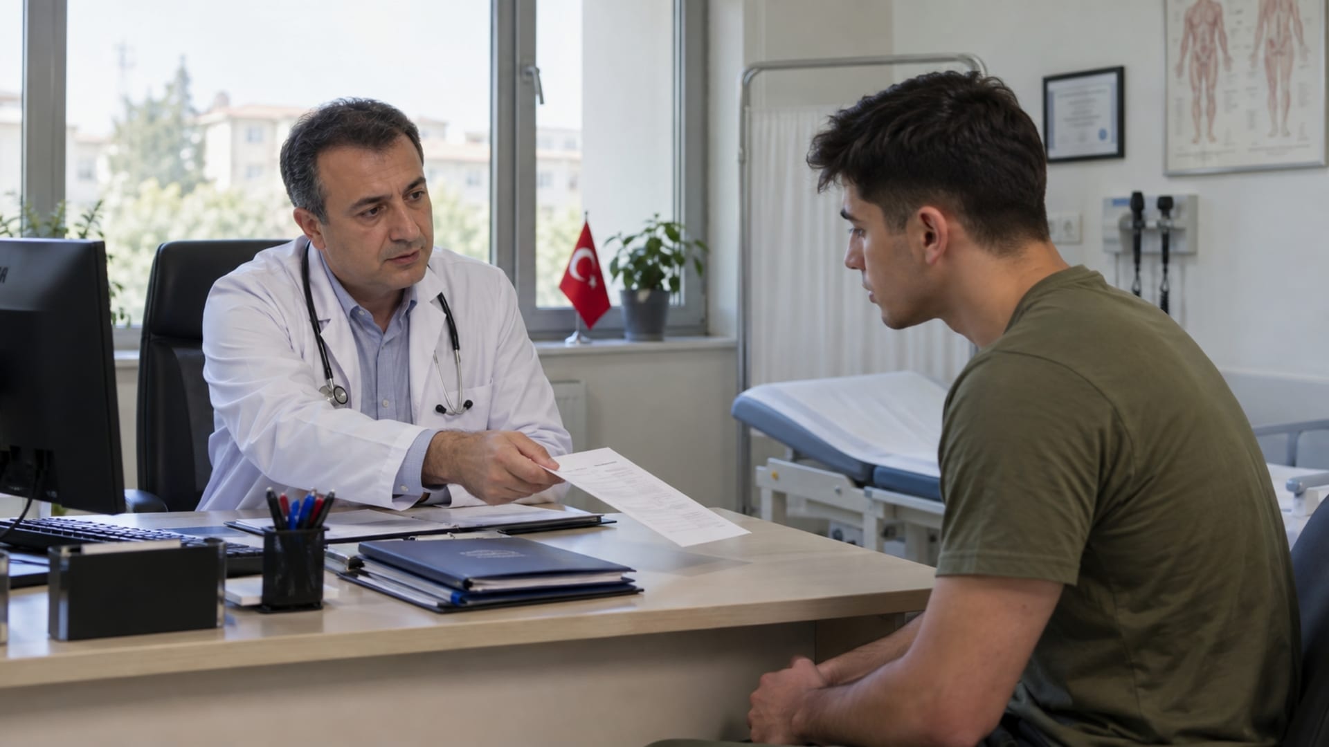 Askerlik sağlık muayenesi sonucuna ilişkin belgeyi doktordan alan genç erkek