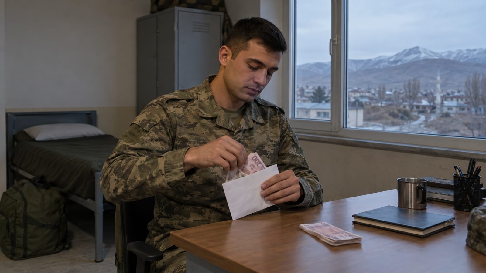 Doğu Anadolu’yu andıran karlı şehir manzaralı sade bir odada parasını birikim için zarfa ayıran Türk askerî personel