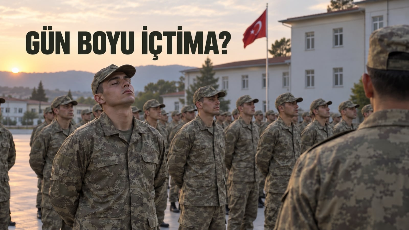 Askerlikte gün boyunca tekrar eden içtima düzenini ve aynı birlik içinde sürekli sayılma rutinini temsil eden editoryal görsel