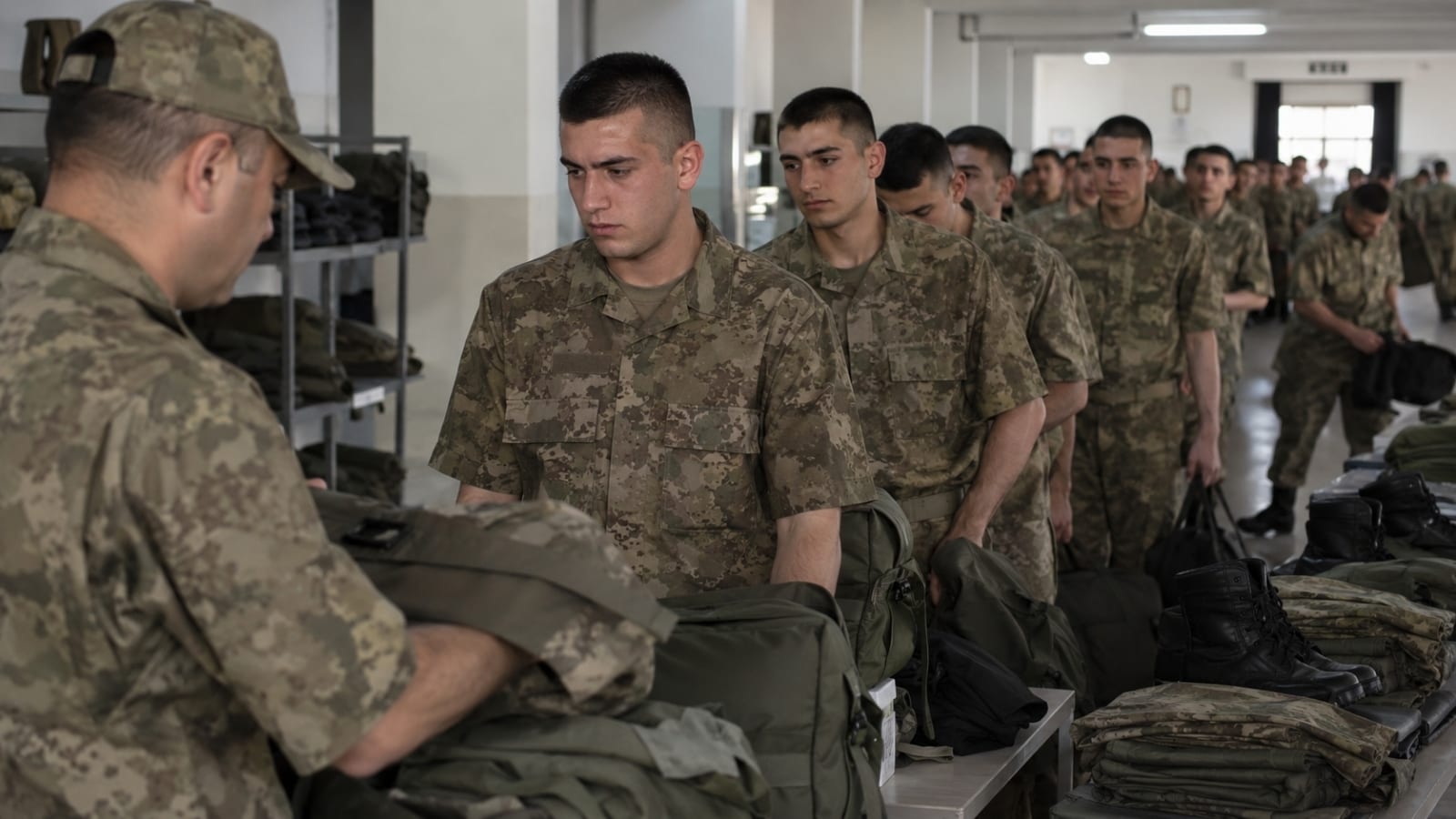 Askerî malzeme ve kıyafet dağıtımı sırasında sırada bekleyen Türk asker adayları