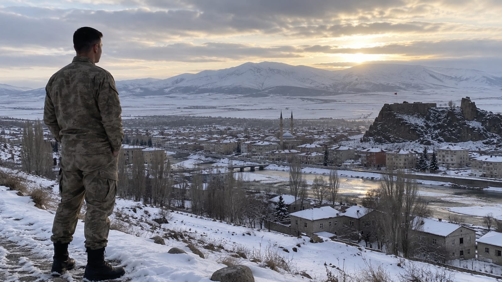 Karlı Ardahan şehrini ve dağları yüksek bir noktadan izleyen Türk askerî personel
