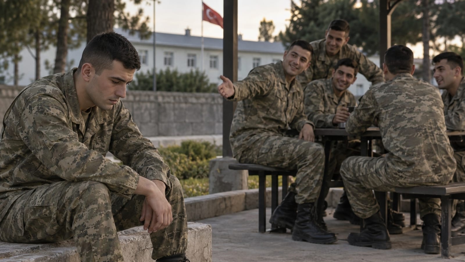 Kışla yerleşkesinde arkadaş grubu sohbet ederken biraz uzakta tek başına oturan Türk askerî personel