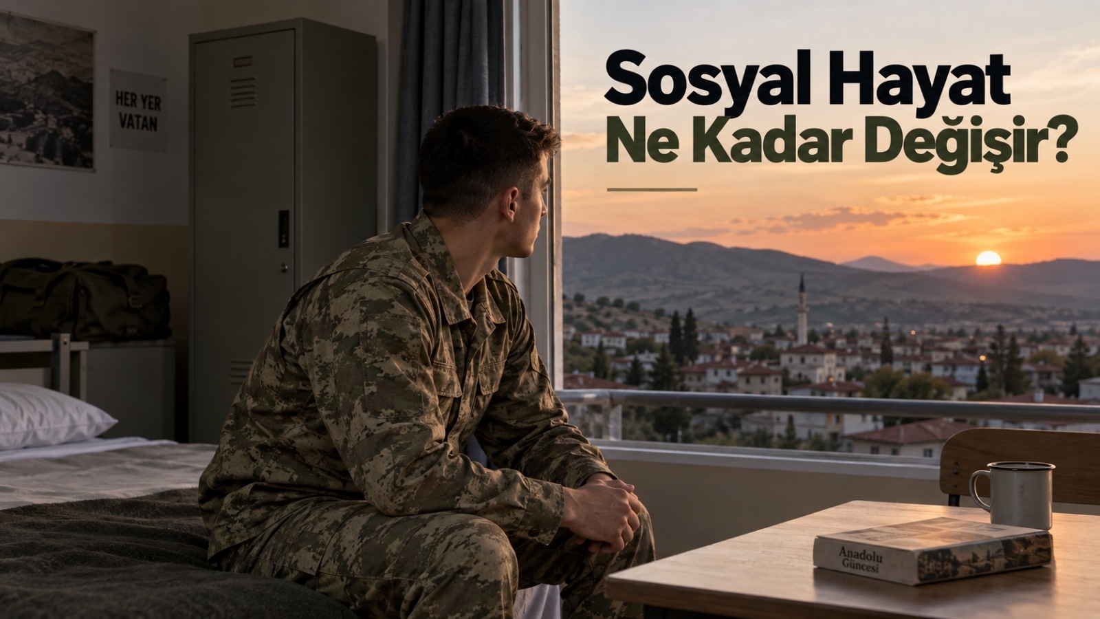 Sınırlı sosyal imkânlara sahip bir görev yeri ile şehir hayatına erişim arasındaki farkı temsil eden askerlik temalı editoryal görsel