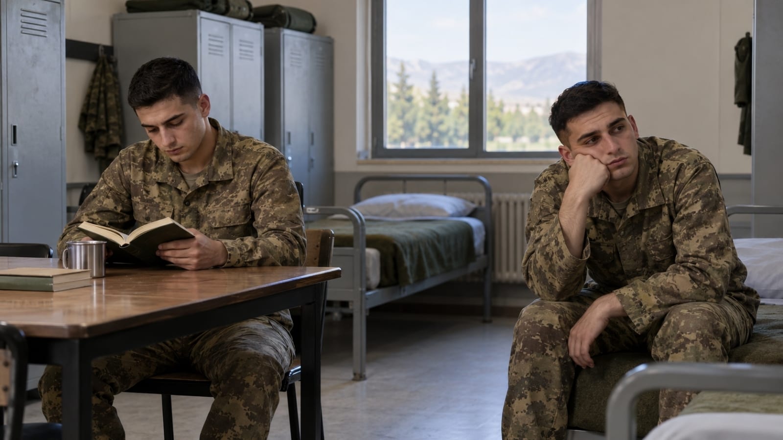 Aynı kışla odasında biri kitap okurken diğeri sıkılmış biçimde oturan iki Türk askerî personel