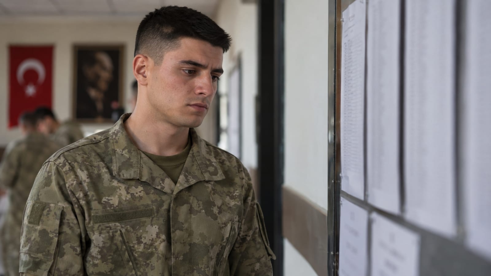 Askerî koridorda duyuru panosundaki sonuçları ciddi bir ifadeyle inceleyen Türk askerî personel