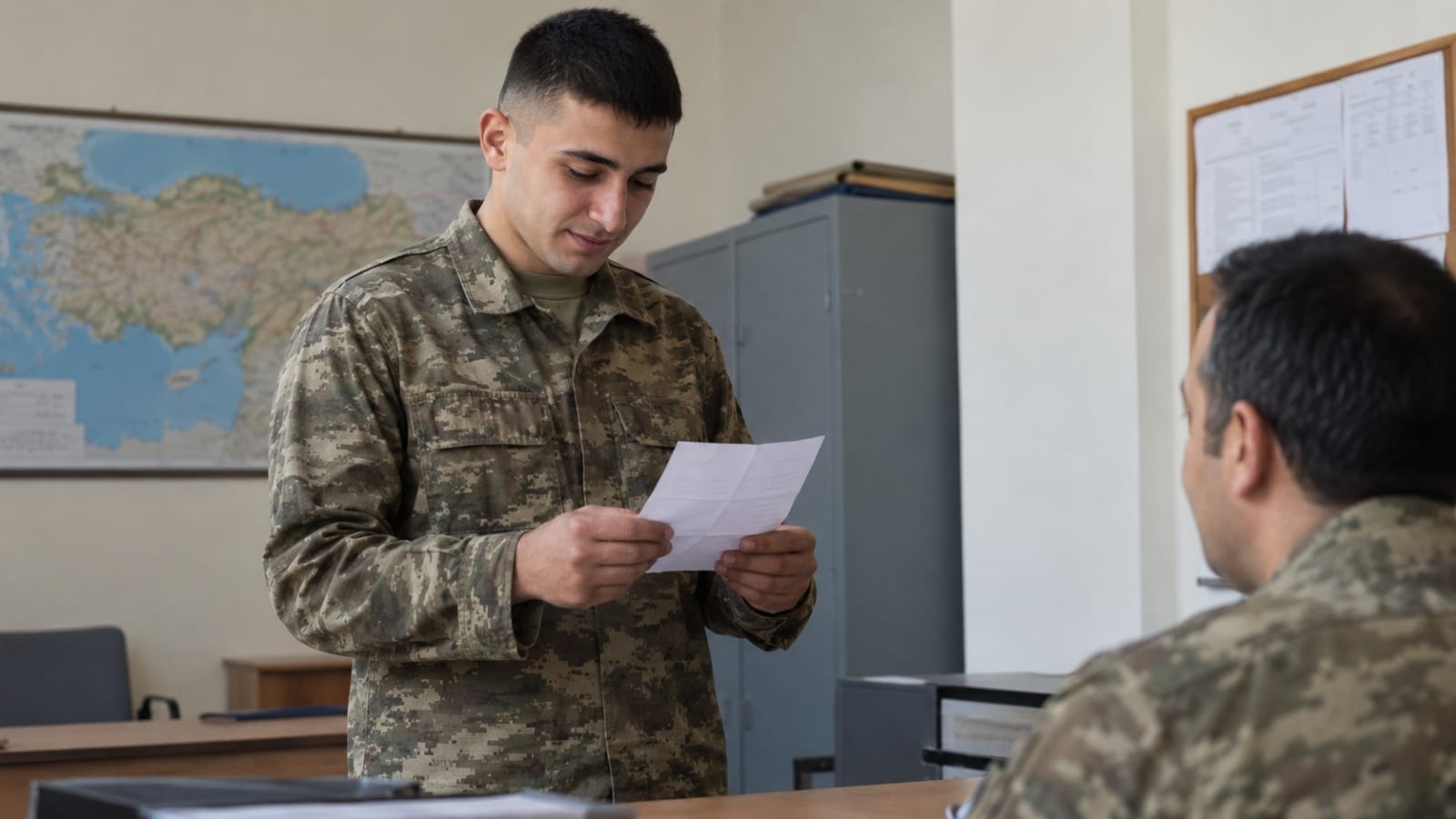 Askerî idari alanda kendisine verilen görev belgesini inceleyen Türk askerî personel