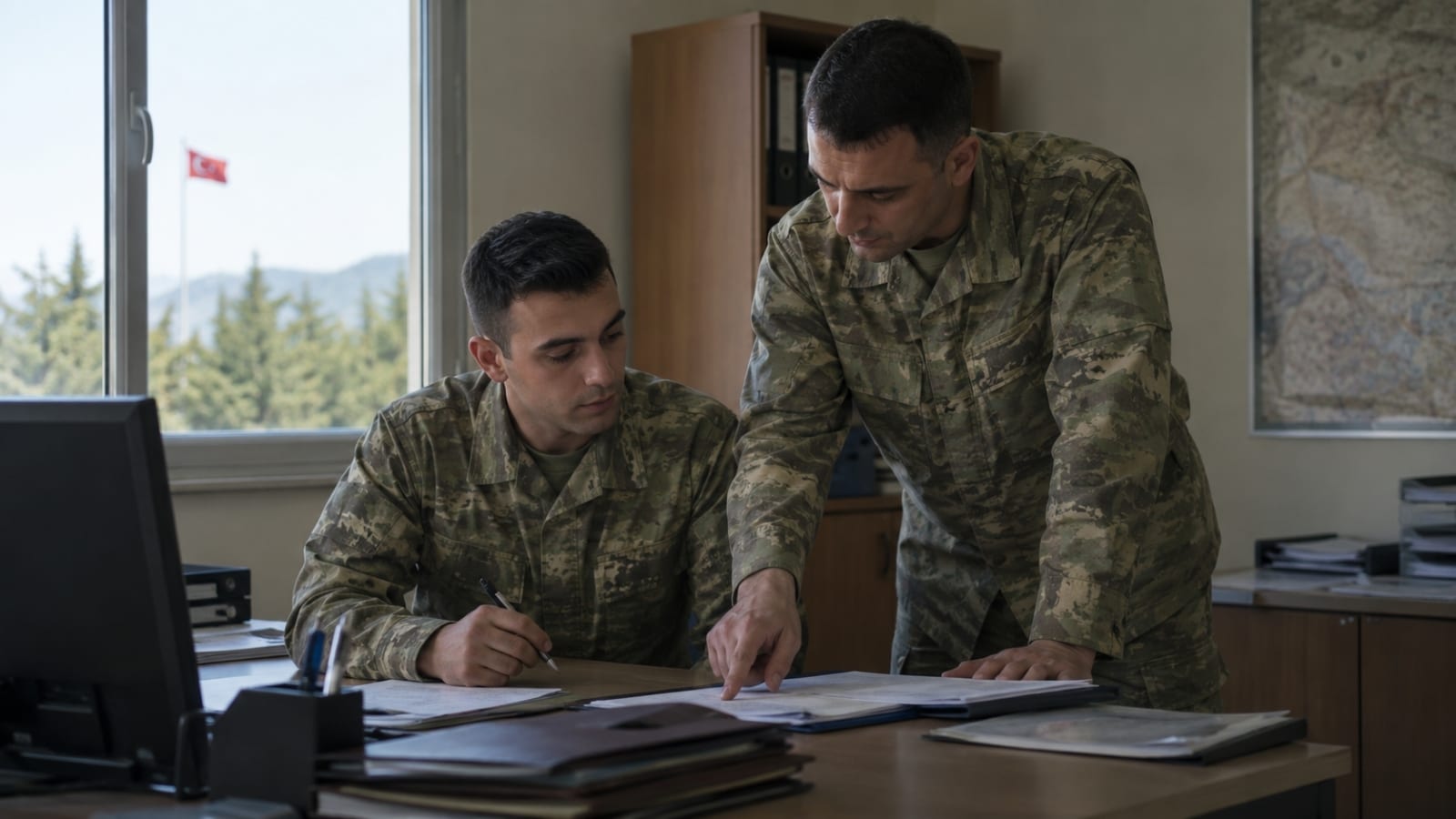 Askerî ofiste görev evrakları üzerinde birlikte çalışan ve talimatları değerlendiren iki Türk askerî personel