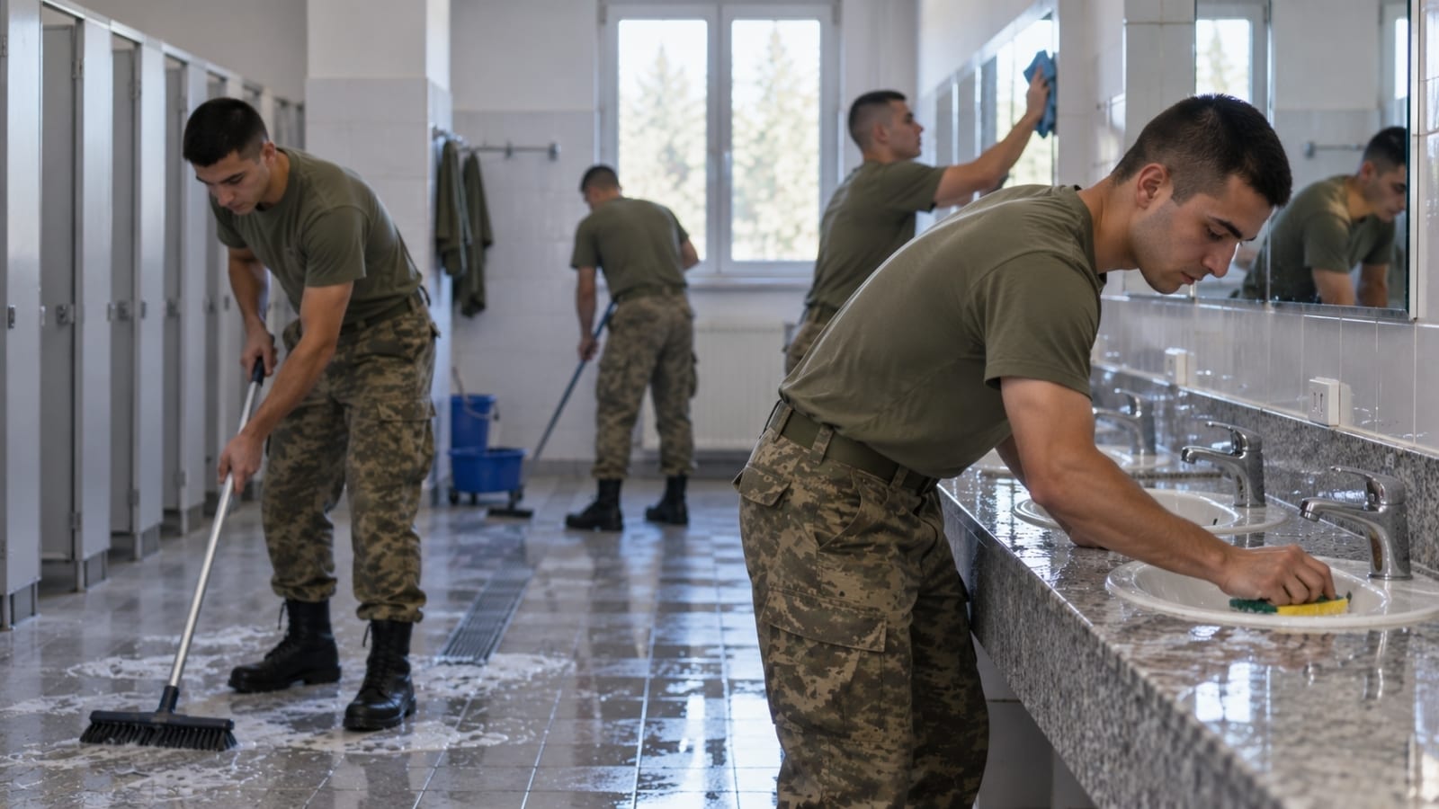 Ortak lavabo ve temizlik alanında görev paylaşımı yaparak birlikte temizlik yapan Türk asker adayları