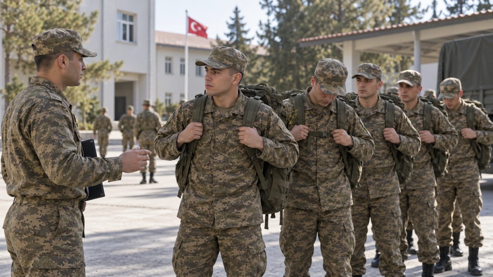 Kışla avlusunda çantalarıyla sıraya girerek toplu hareket için hazırlanan Türk asker adayları