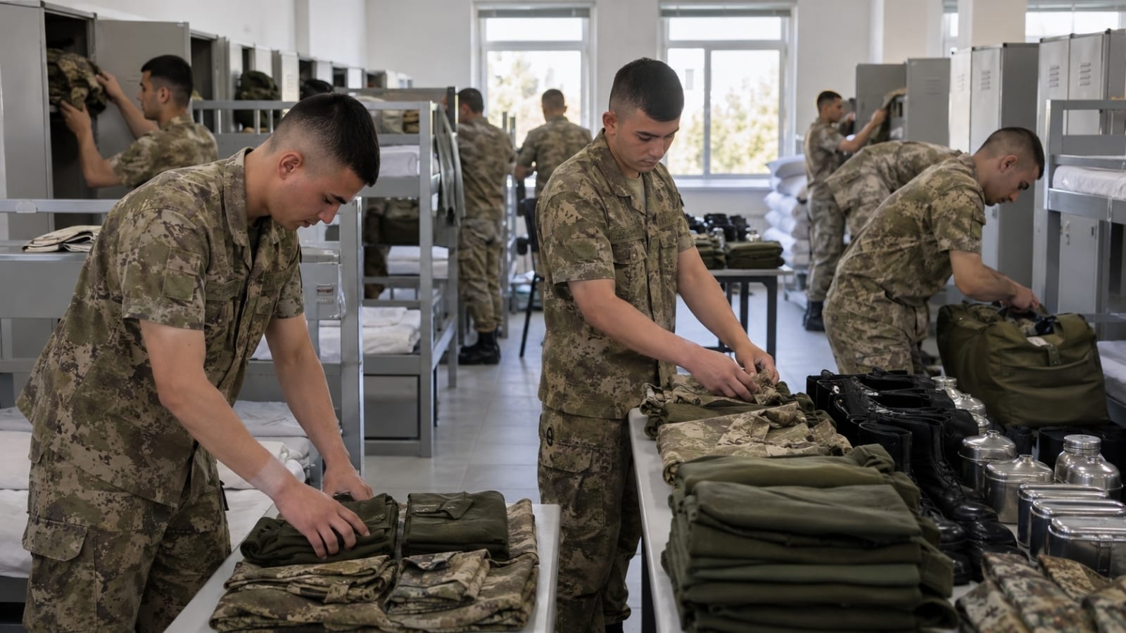 Acemiliğin sonunda koğuş teslimi öncesinde çamaşırları ve askerî eşyaları birlikte düzenleyen Türk asker adayları