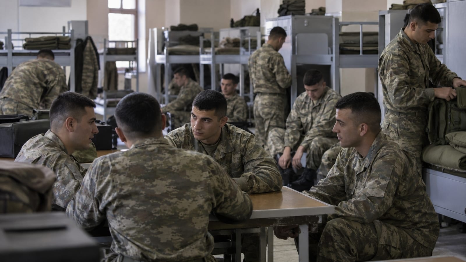 Çok kişilik asker koğuşunda ortak yaşam alanını paylaşırken sohbet eden ve günlük işlerini sürdüren Türk asker adayları