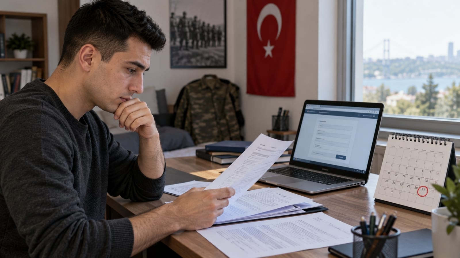 Askerlik başvuru evrakları, bilgisayar ekranı ve takvim üzerinden son başvuru tarihini kontrol eden genç erkek