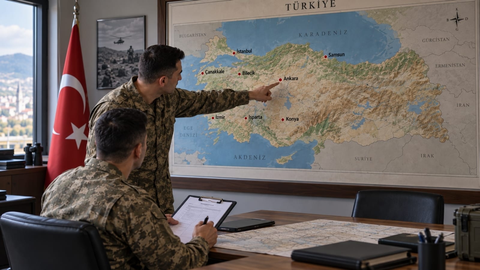 Türkiye haritasında yedek subay eğitim birliklerinin bulunduğu şehirleri işaretleyerek inceleyen Türk askerî personel