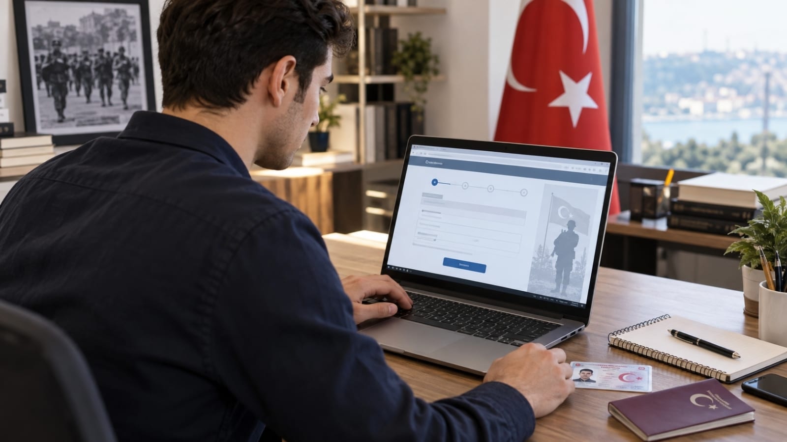 Bilgisayar üzerinden askerlik başvuru formunu dolduran ve kimlik belgelerini hazırlayan genç erkek