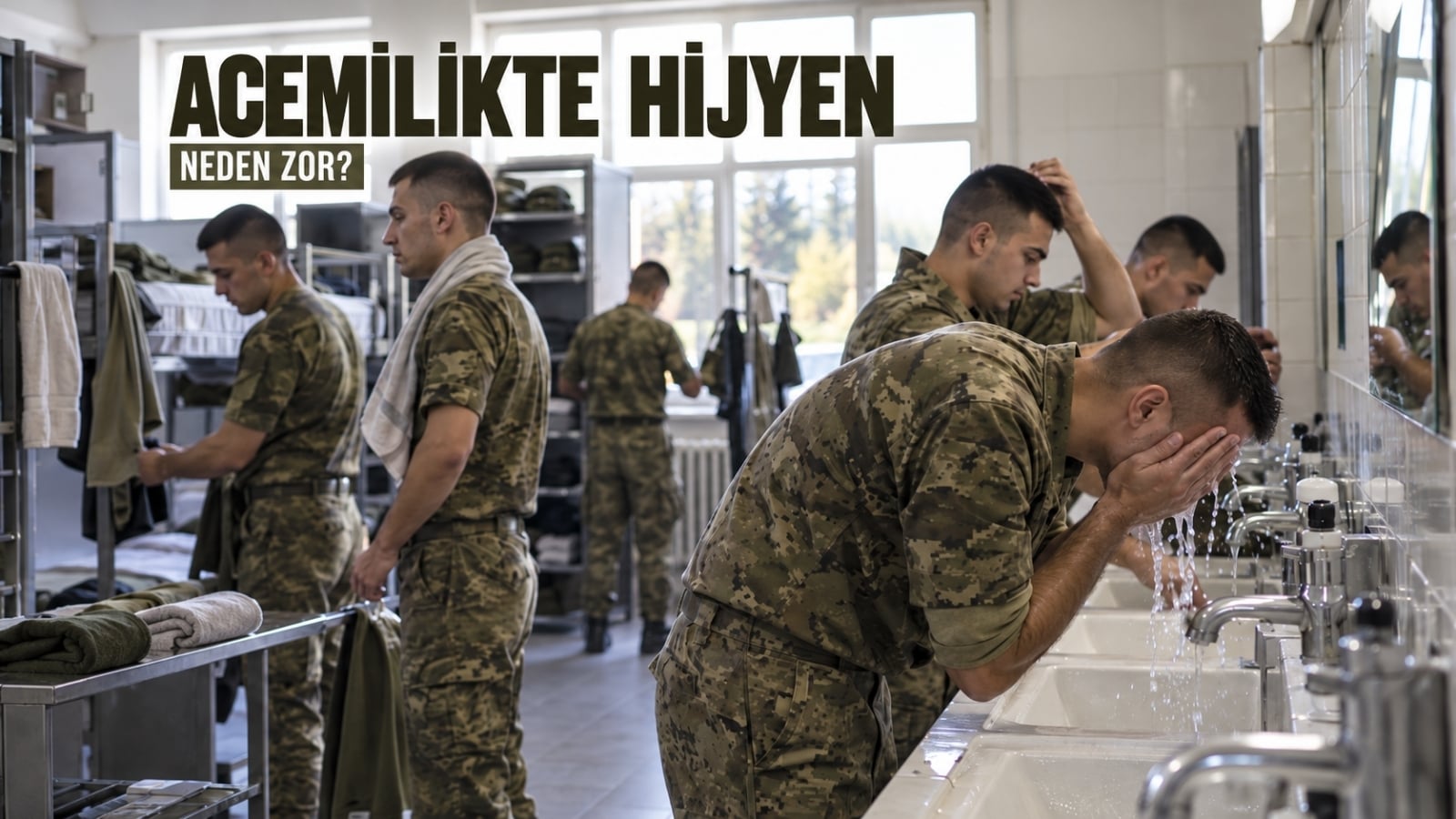 Kalabalık asker koğuşunda ortak yaşam, temizlik ve hijyen koşullarını temsil eden askerlik temalı editoryal görsel