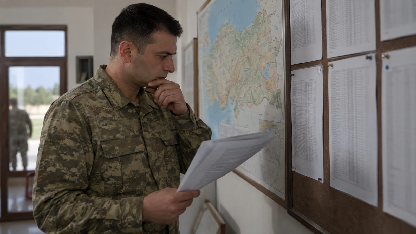 Askerî yerleşkedeki duyuru panosunda birlik ve eğitim kayıtlarını belge üzerinden kontrol eden Türk askerî personel