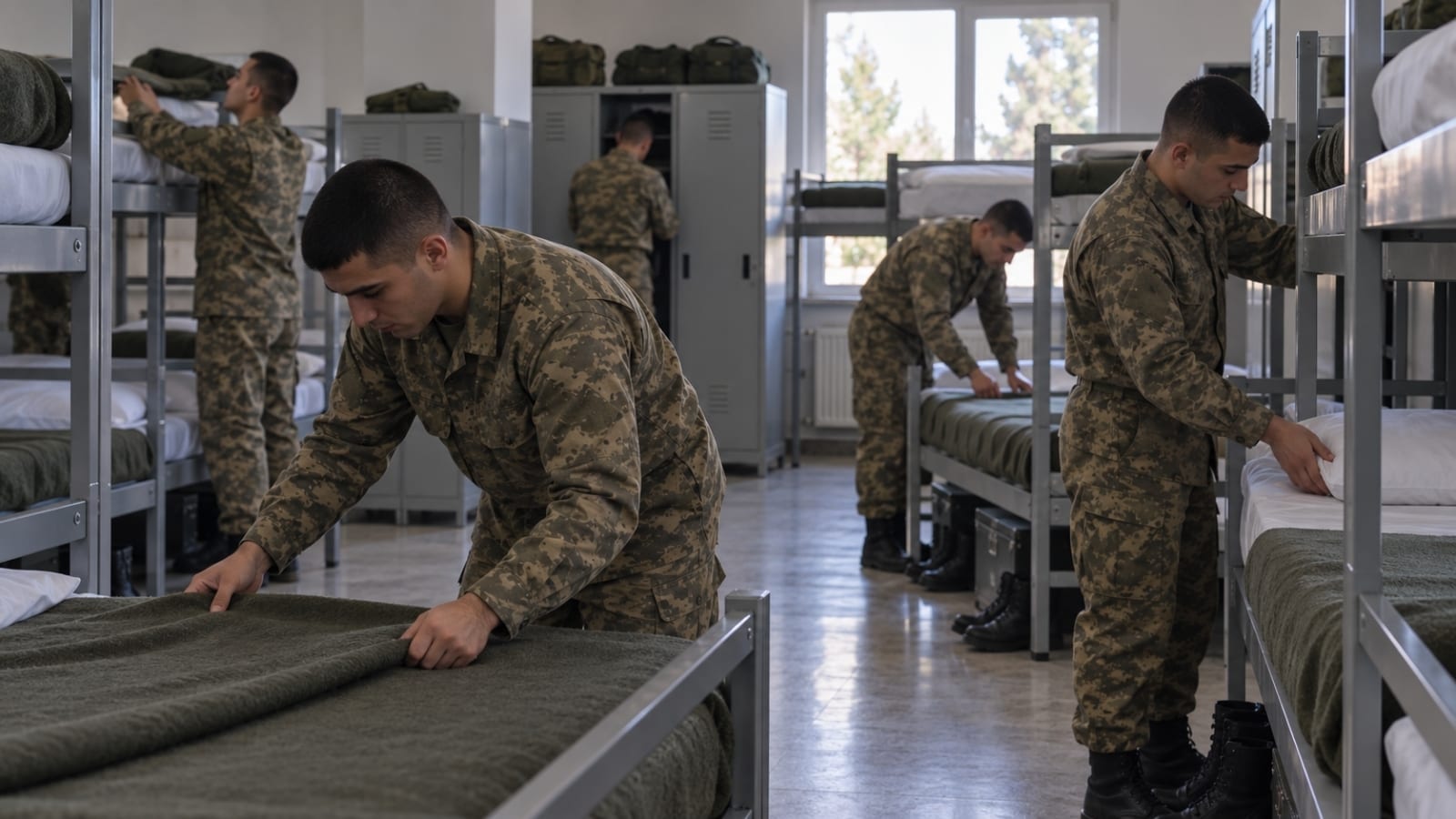 Çok kişilik asker koğuşunda aynı anda yataklarını ve ortak yaşam alanlarını düzenleyen Türk asker adayları