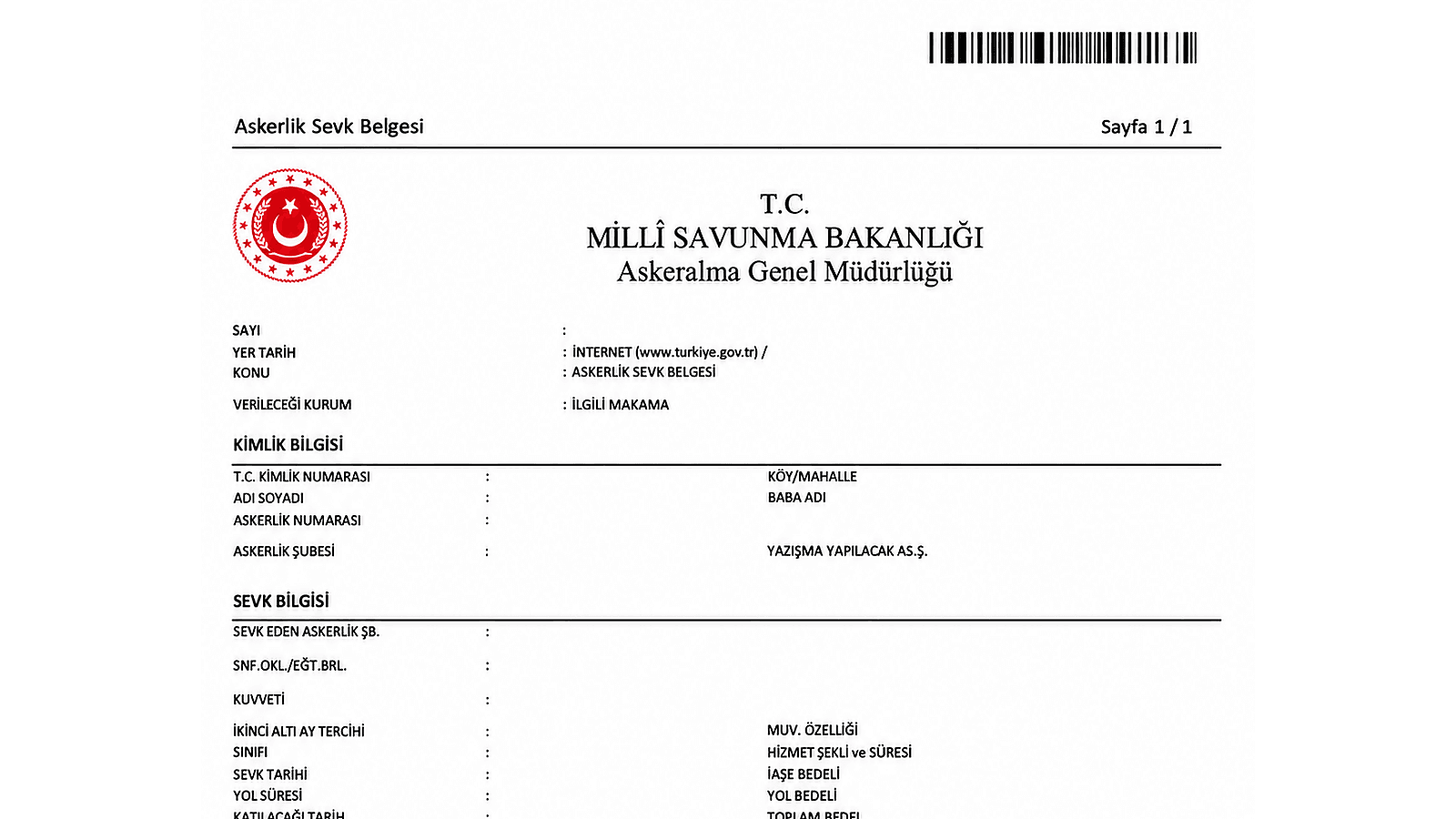 Askerlik Sevk Belgesi Örneği e devlet 1/2