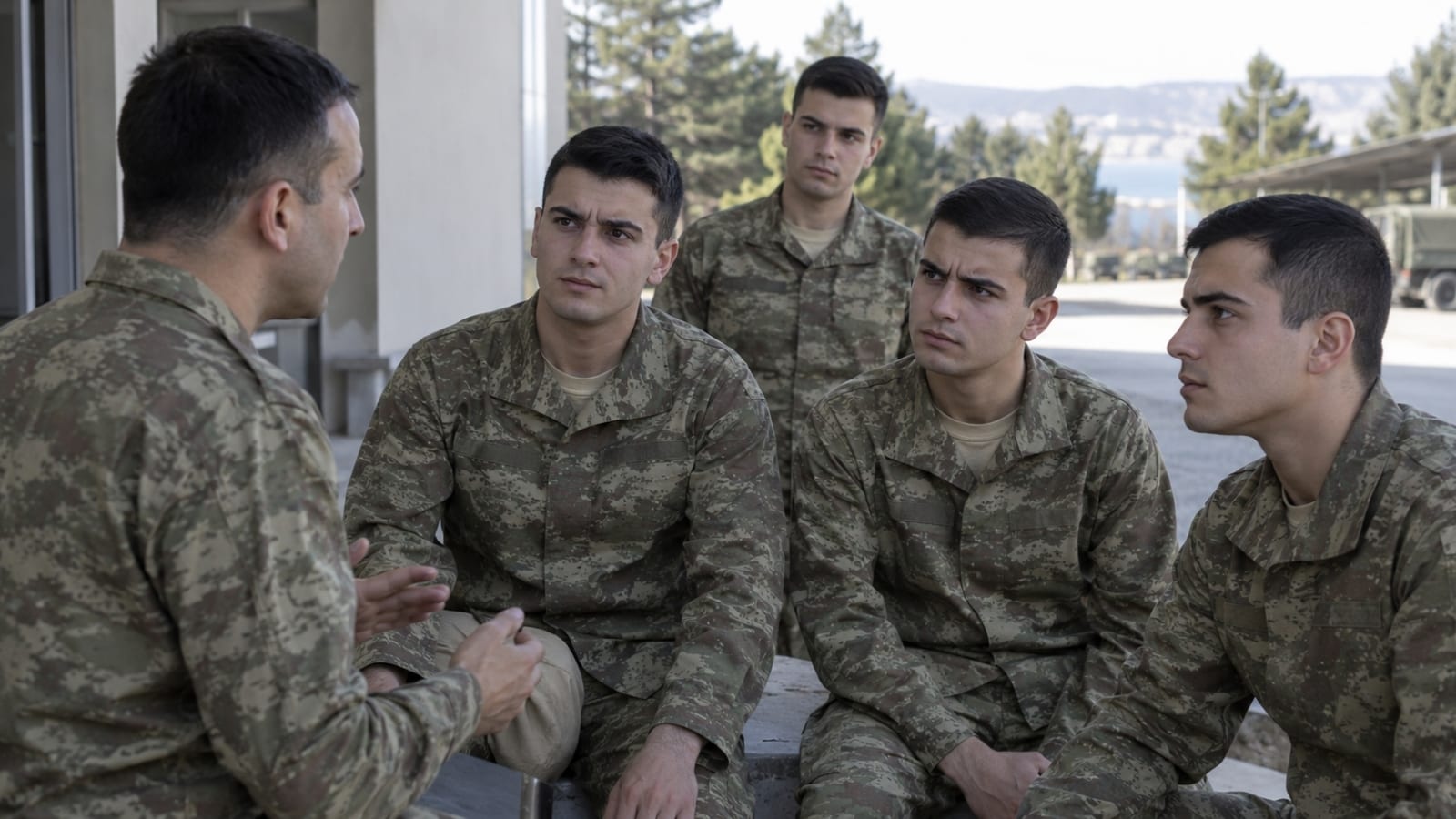Askerî yerleşkede verilen bilgilendirmeyi dikkatle dinleyen yedek subay adayları